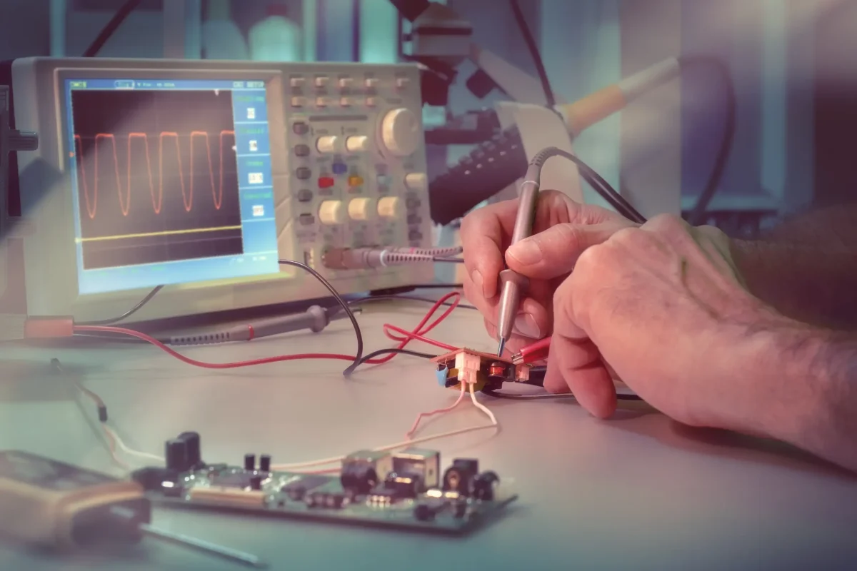 Elektronik laboratuvarında tasarım yapan bir mühendis görseli